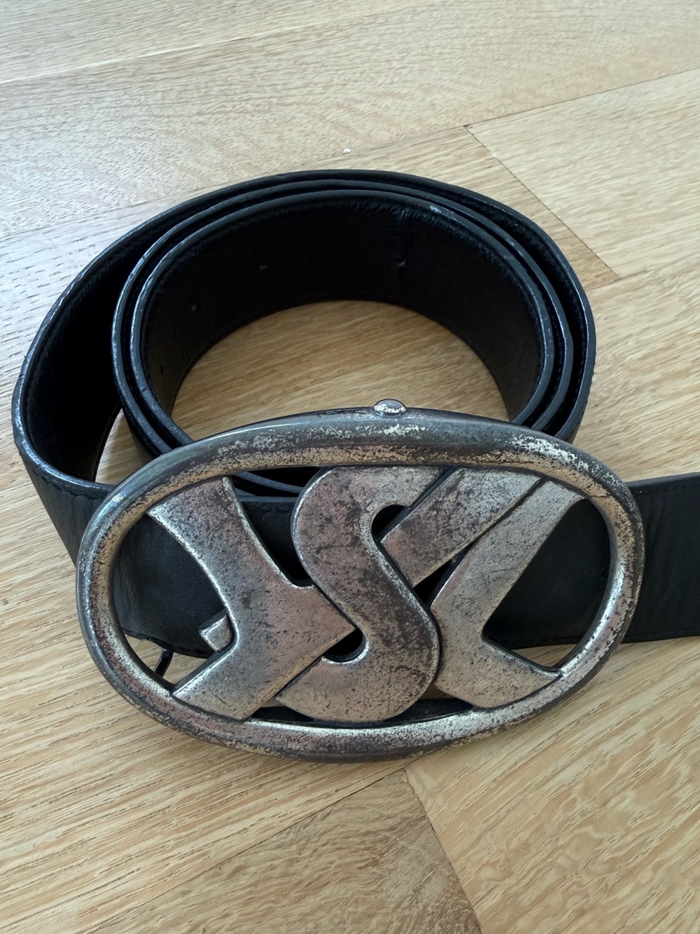 Authentic YSL Men's Vintage Black Leather Belt with Silver Logo Buckle